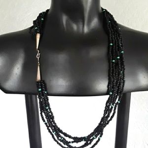 14 in Long glass bead with turquoise bead necklace sterling silver clasp